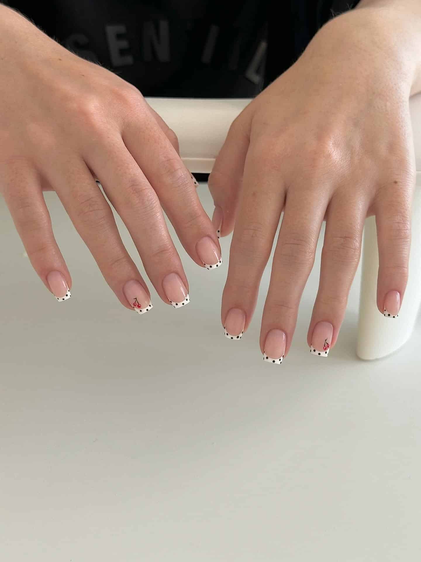 21. Short Nude French Tip Cherry Nails - cute simple nail ideas
