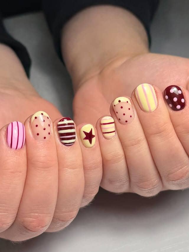 22. Pink and Burgundy Pattern Short Round Nails - cute simple nail ideas