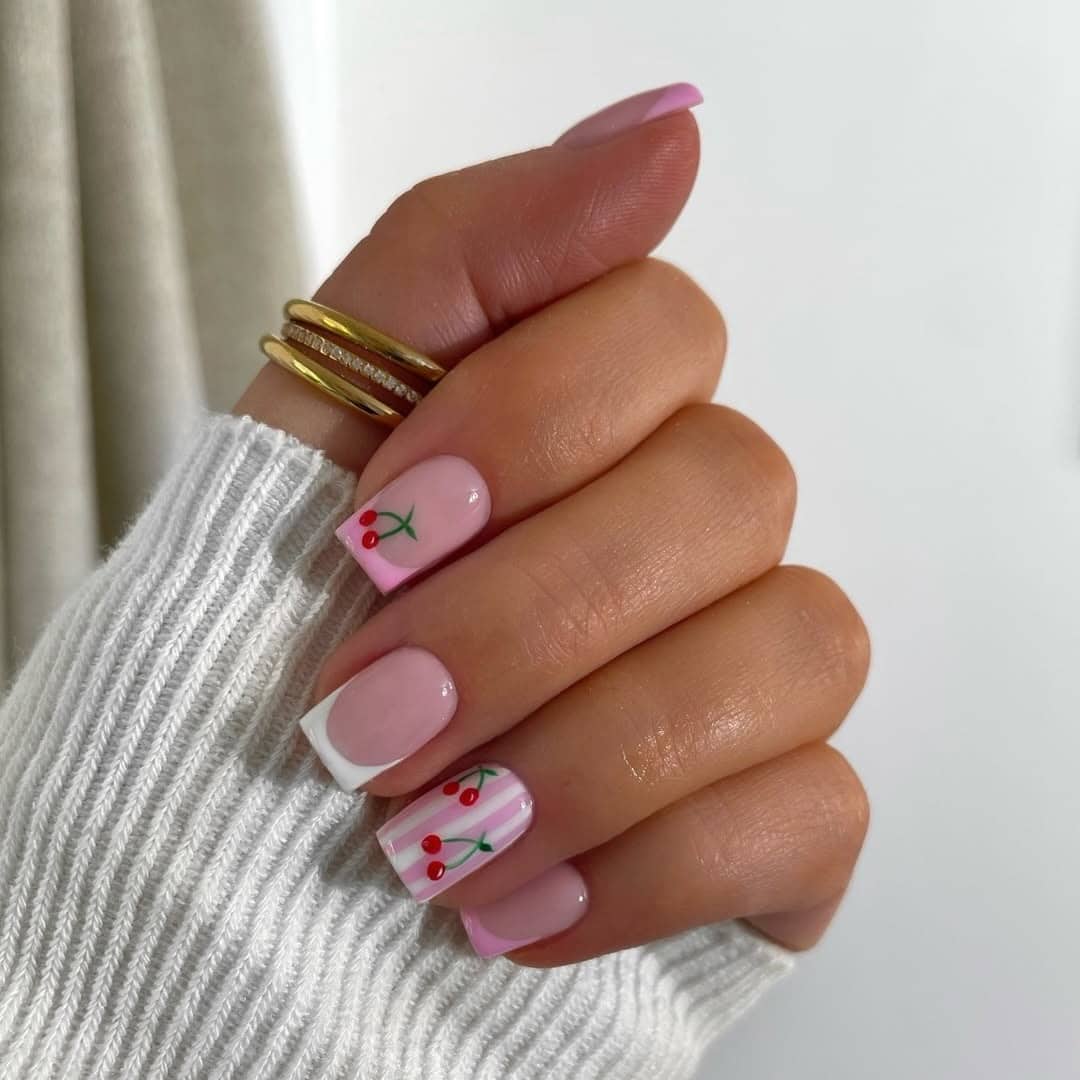 2. Pink Cherry Short Square Nails - easy short nail ideas