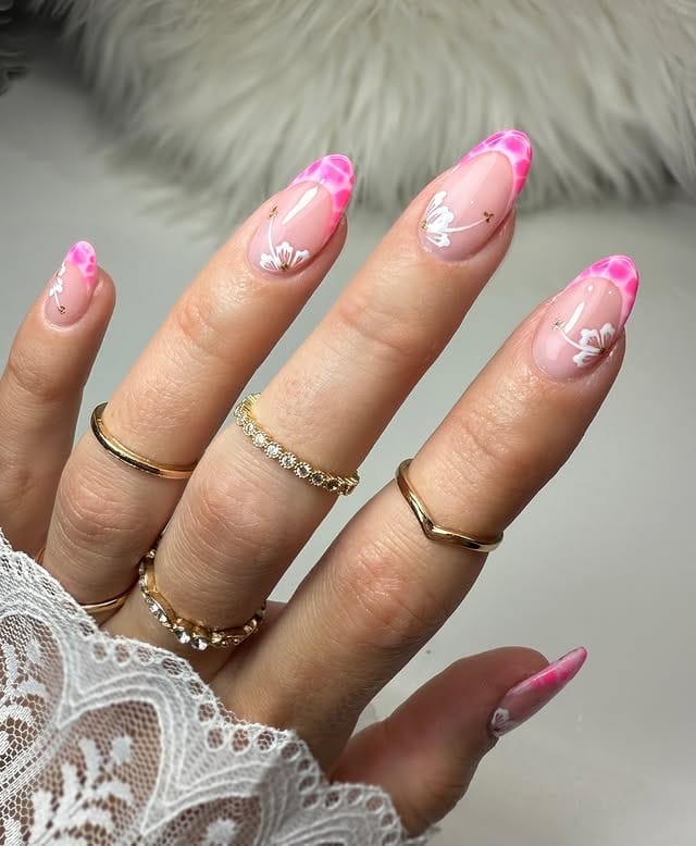 6. Pink Aura Floral Almond Nails - easy short nail ideas