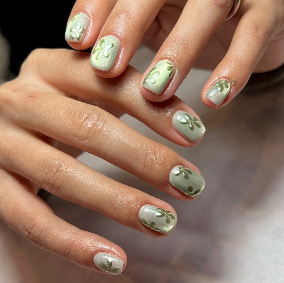 14. Sage Green Floral Short Nails - easy short nail ideas
