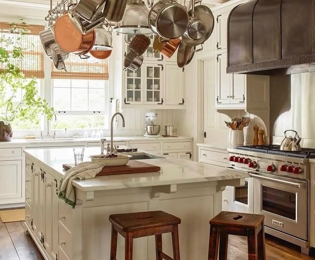1. Timeless White Kitchen Ideas with Hanging Copper Accents - timeless kitchen ideas