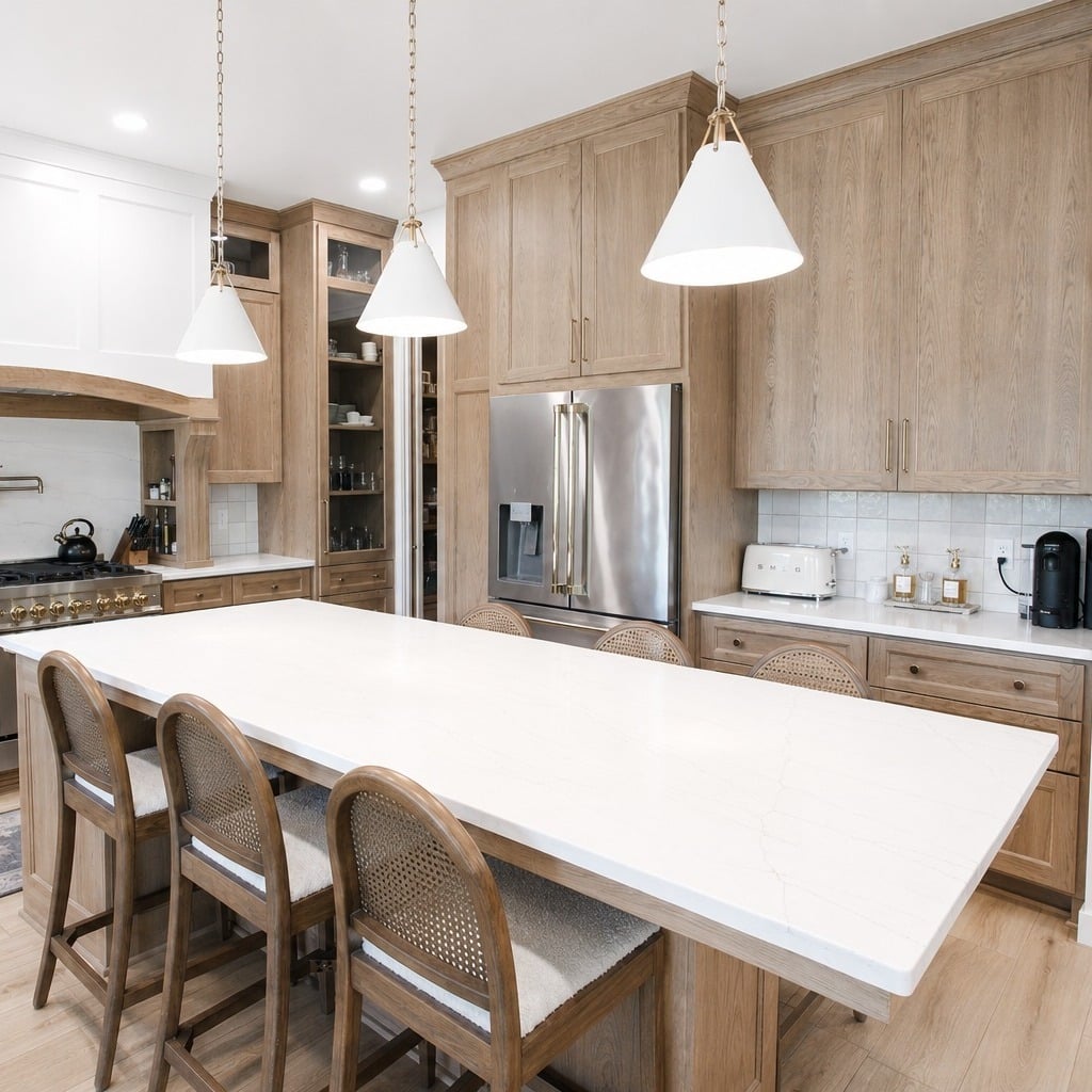 11. Light Oak Timeless Kitchen Ideas with White Waterfall Island - timeless kitchen ideas