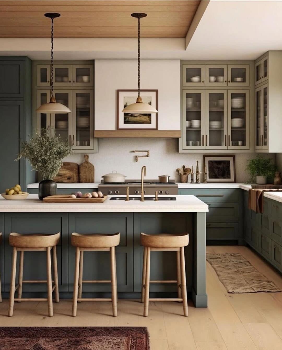 13. Sage Green Timeless Kitchen Ideas with Natural Wood Ceiling - timeless kitchen ideas