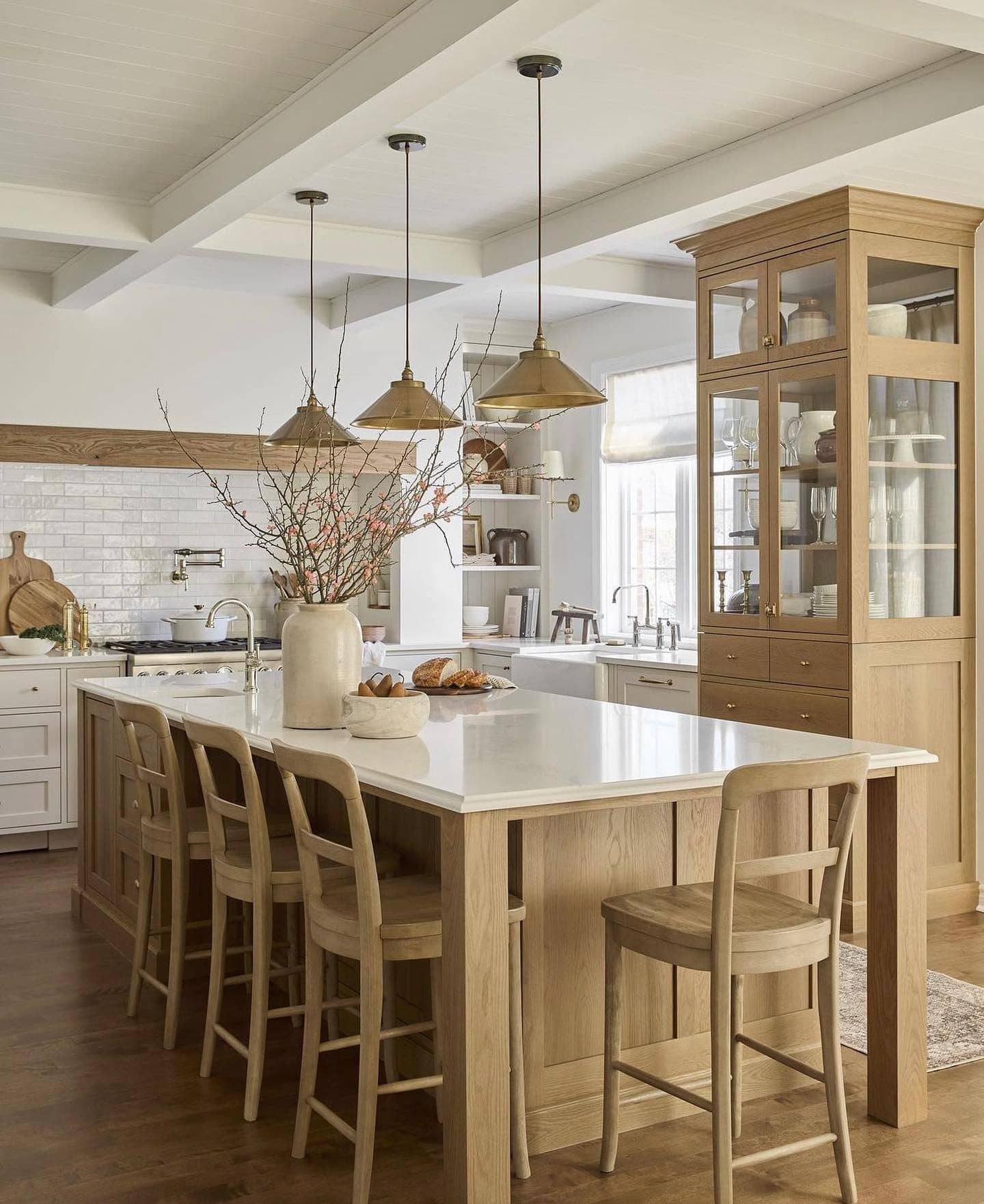 16. White and Oak Kitchen Ideas with Brass Pendant Lighting - timeless kitchen ideas