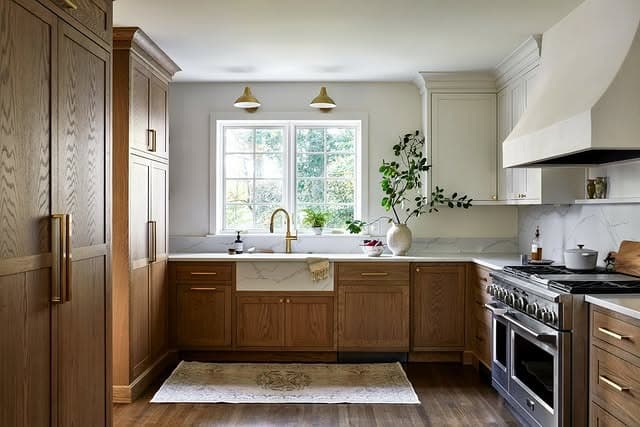 17. Walnut and Cream Timeless Kitchen Ideas with Farmhouse Sink - timeless kitchen ideas