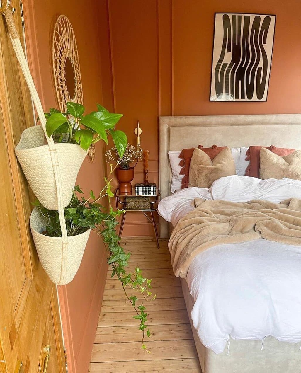 8. Warm Terracotta Orange Bedroom Ideas with Indoor Plants - orange bedroom ideas