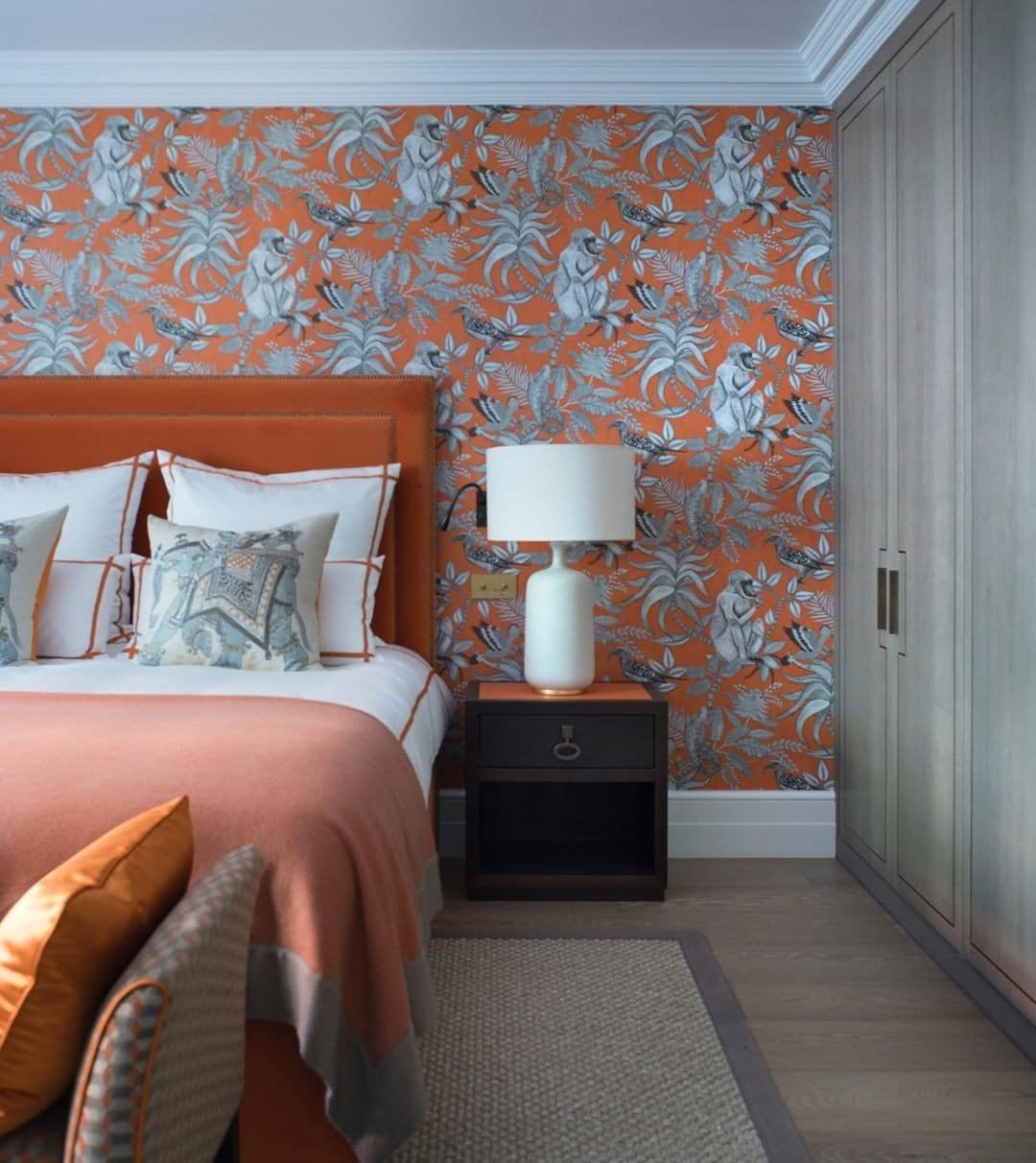 10. Orange Bedroom Ideas with Bold Patterned Wallpaper - orange bedroom ideas