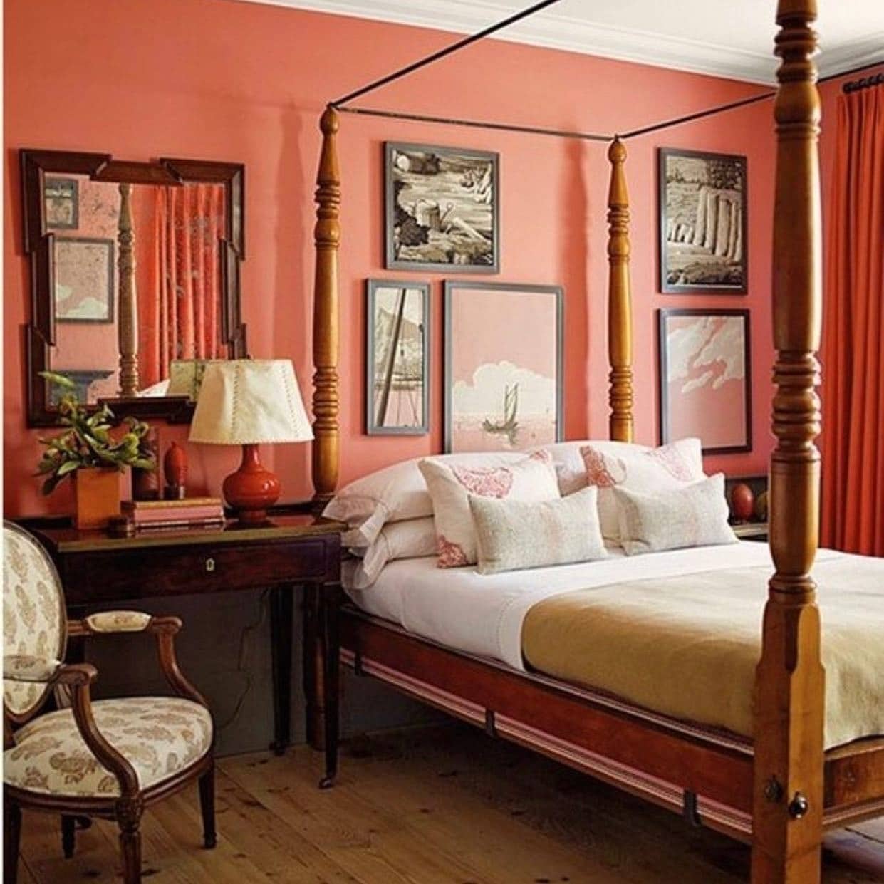 11. Classic Coral Orange Bedroom Ideas with Four-Poster Charm - orange bedroom ideas