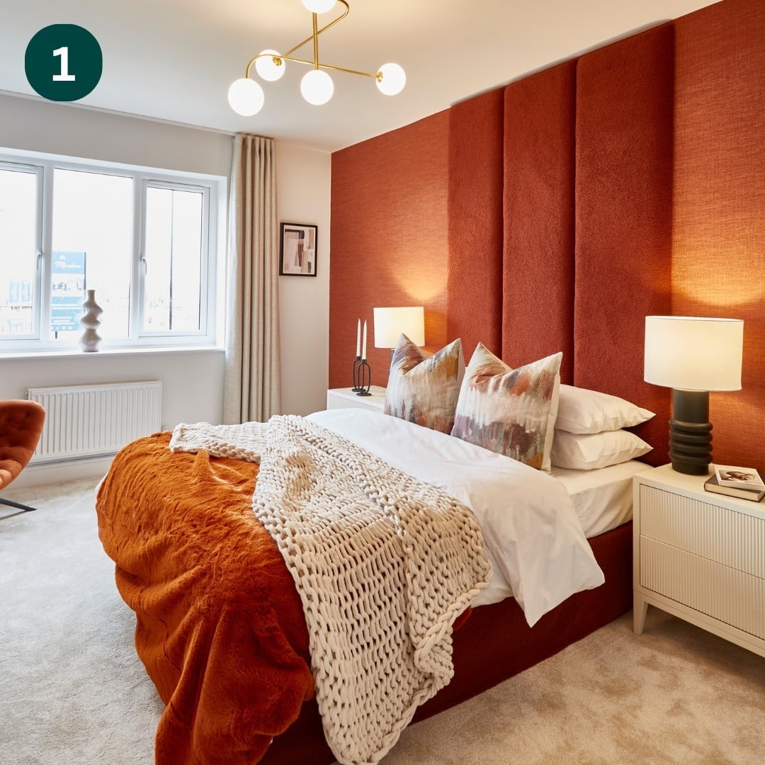 14. Burnt Orange Bedroom Ideas with Statement Upholstered Headboard - orange bedroom ideas