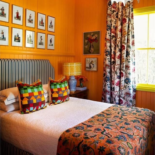 15. Vintage Orange Bedroom Ideas with Pattern Mixing - orange bedroom ideas
