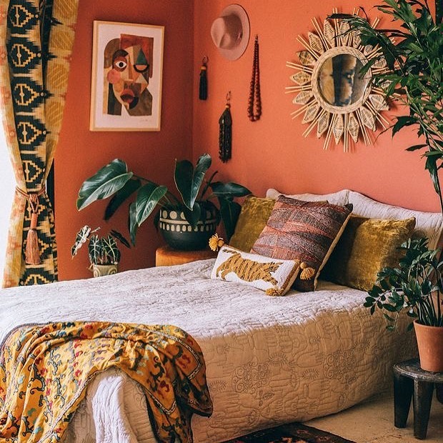 21. Boho Orange Bedroom Ideas with Earthy Textures - orange bedroom ideas