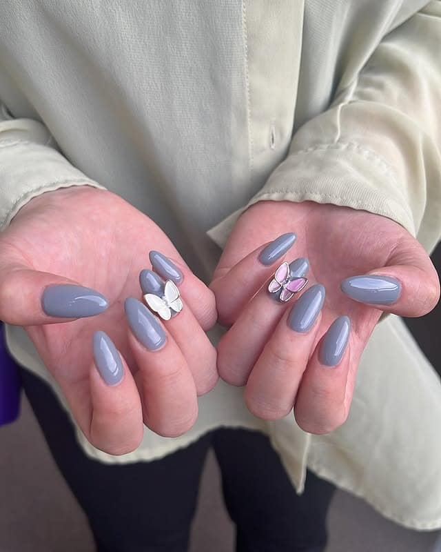 3. Gray Almond Nails with 3D Butterfly Art - gray nail ideas