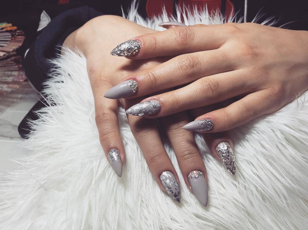 9. Gray Stiletto Nails with Silver Foil and Glitter - gray nail ideas