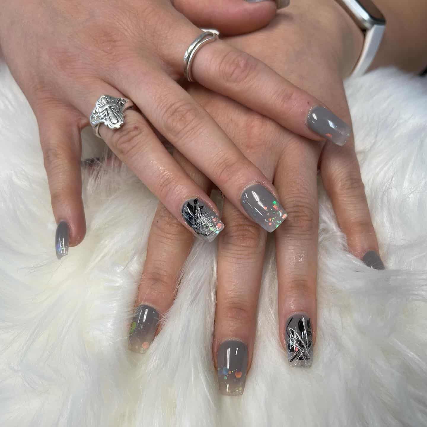 12. Glossy Gray Square Nails with Black Floral Art - gray nail ideas