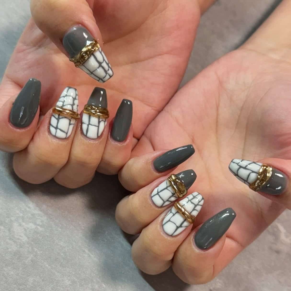 15. Charcoal Gray Coffin Nails with Crocodile Print - gray nail ideas