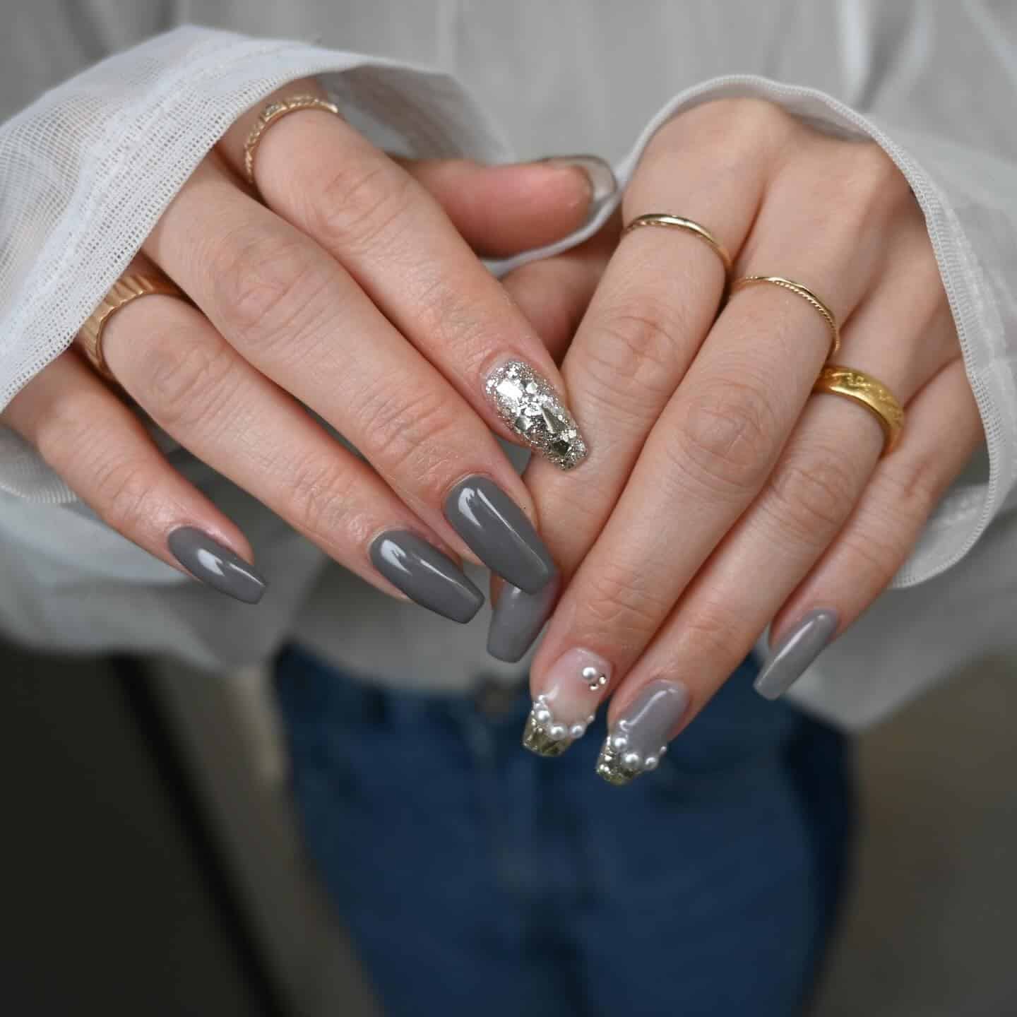 17. Gray Coffin Nails with Pearl French Tips - gray nail ideas