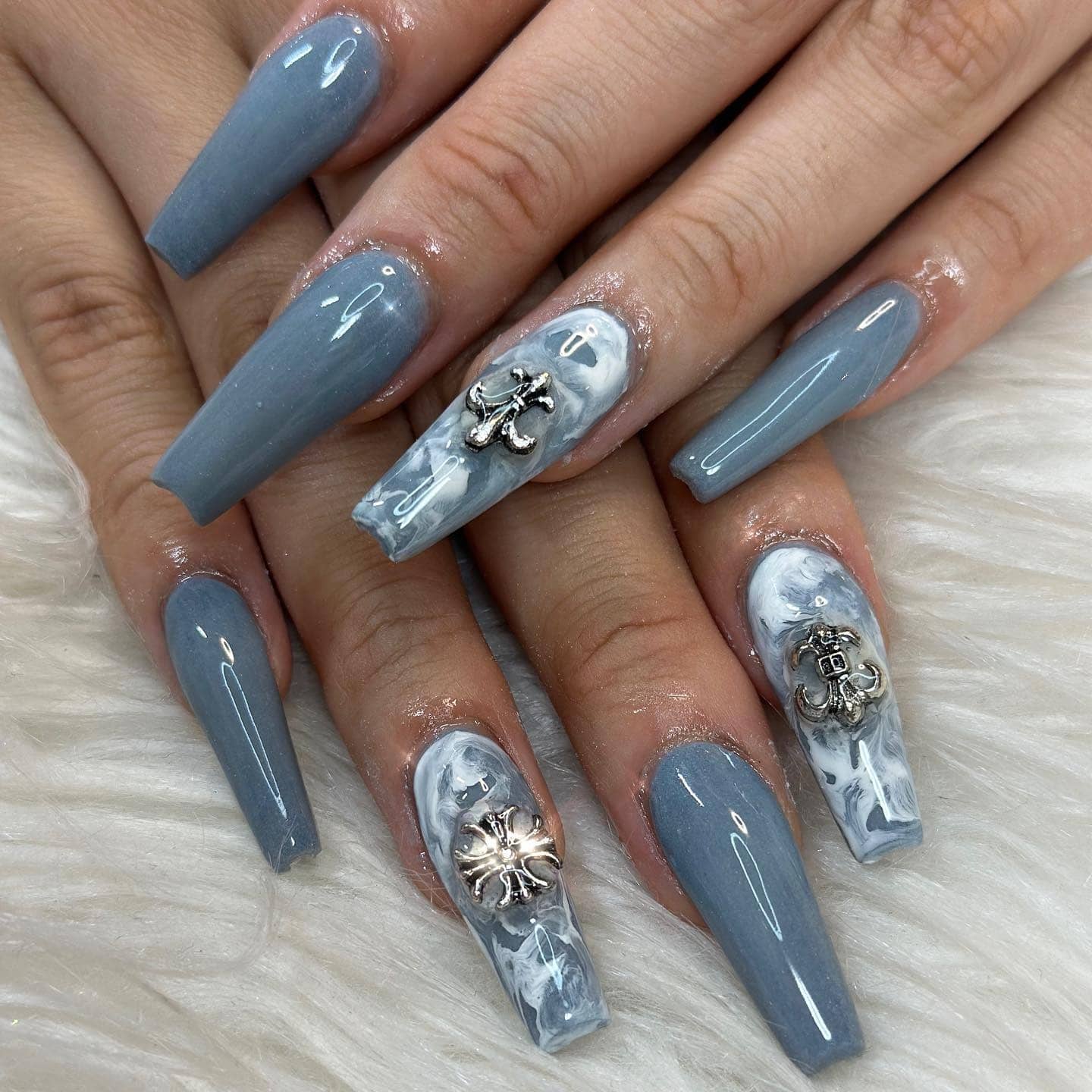 18. Dusty Gray Coffin Nails with Marble Art - gray nail ideas