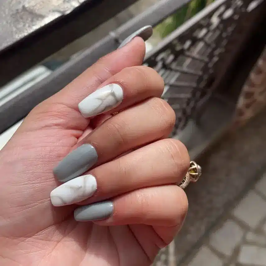 19. Gray Coffin Nails with White Marble Accents - gray nail ideas