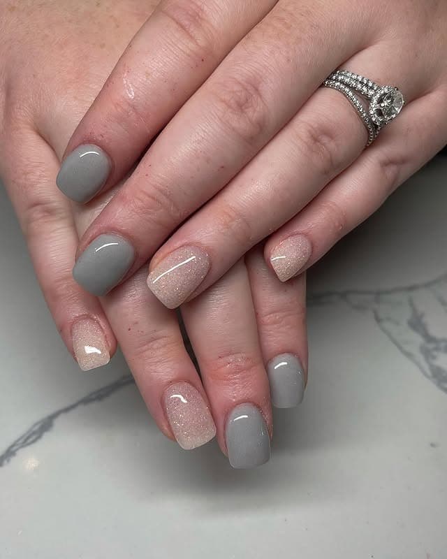 20. Light Gray Square Nails with Nude Glitter Accent - gray nail ideas