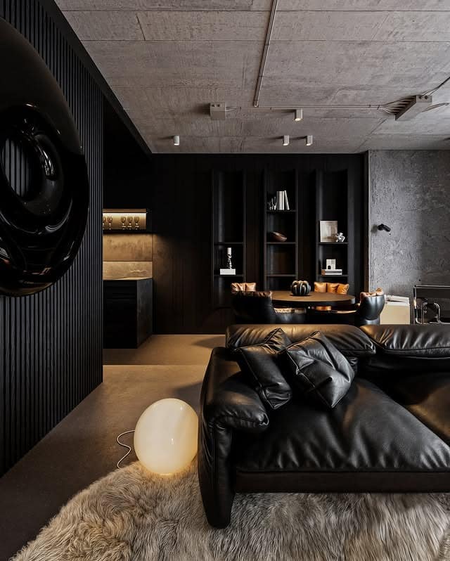 1. Industrial Dark Living Room Ideas with Black Leather Style - dark living room ideas