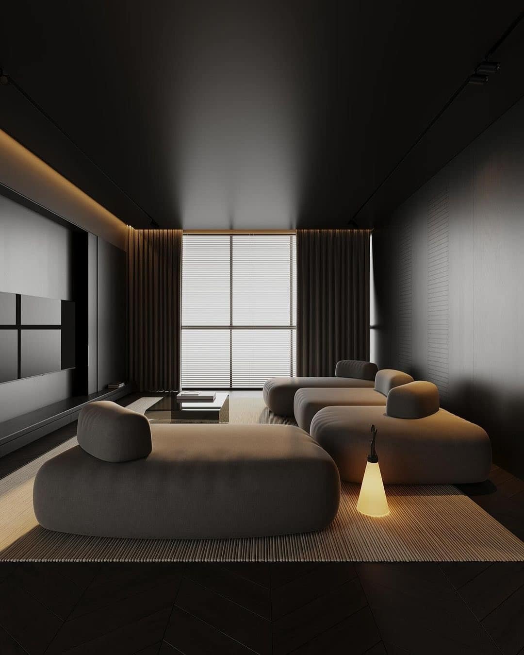 5. Minimalist Dark Living Room Ideas in Black and Beige - dark living room ideas