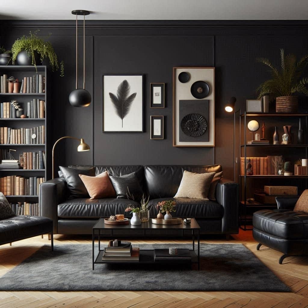 11. Modern Dark Living Room Ideas with Black Leather and Wood Accents - dark living room ideas