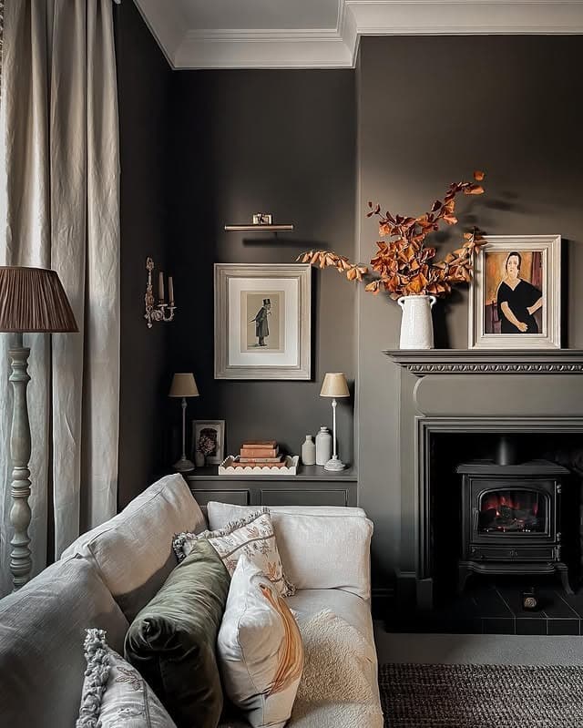 14. Classic Dark Living Room Ideas with Warm Gray Walls - dark living room ideas