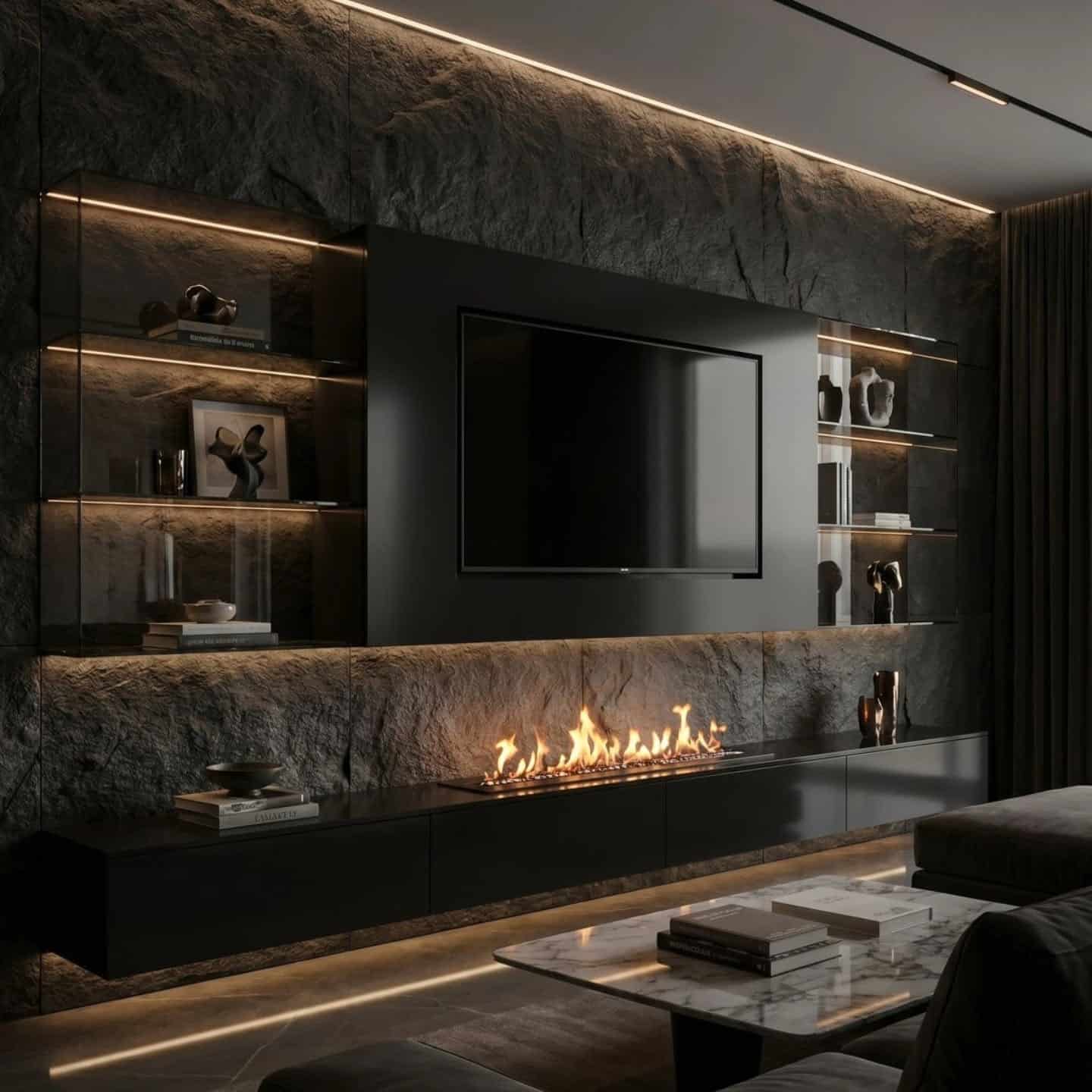15. Contemporary Dark Living Room Ideas with Black Stone Feature Wall - dark living room ideas