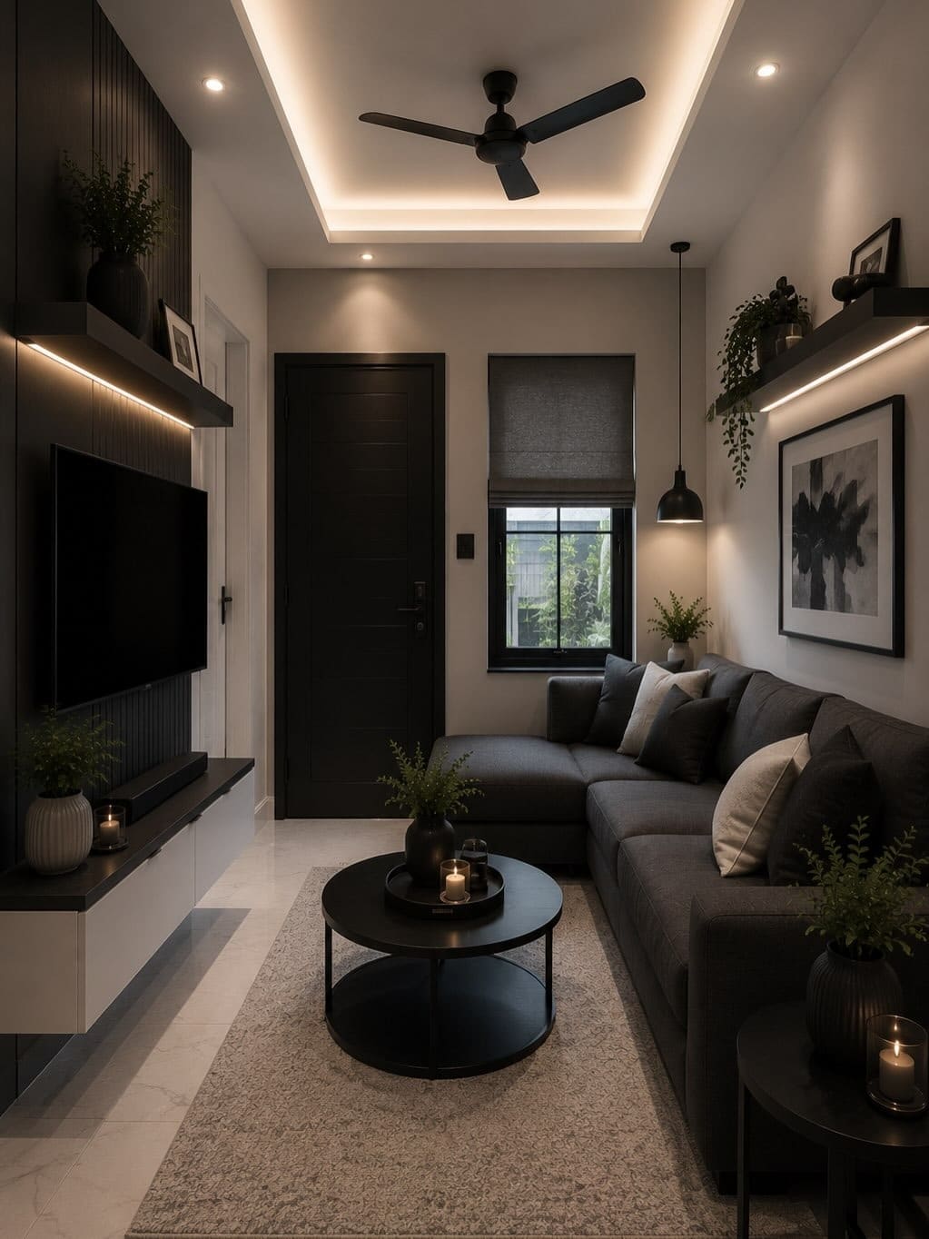 16. Small Dark Living Room Ideas with Black and White Decor - dark living room ideas