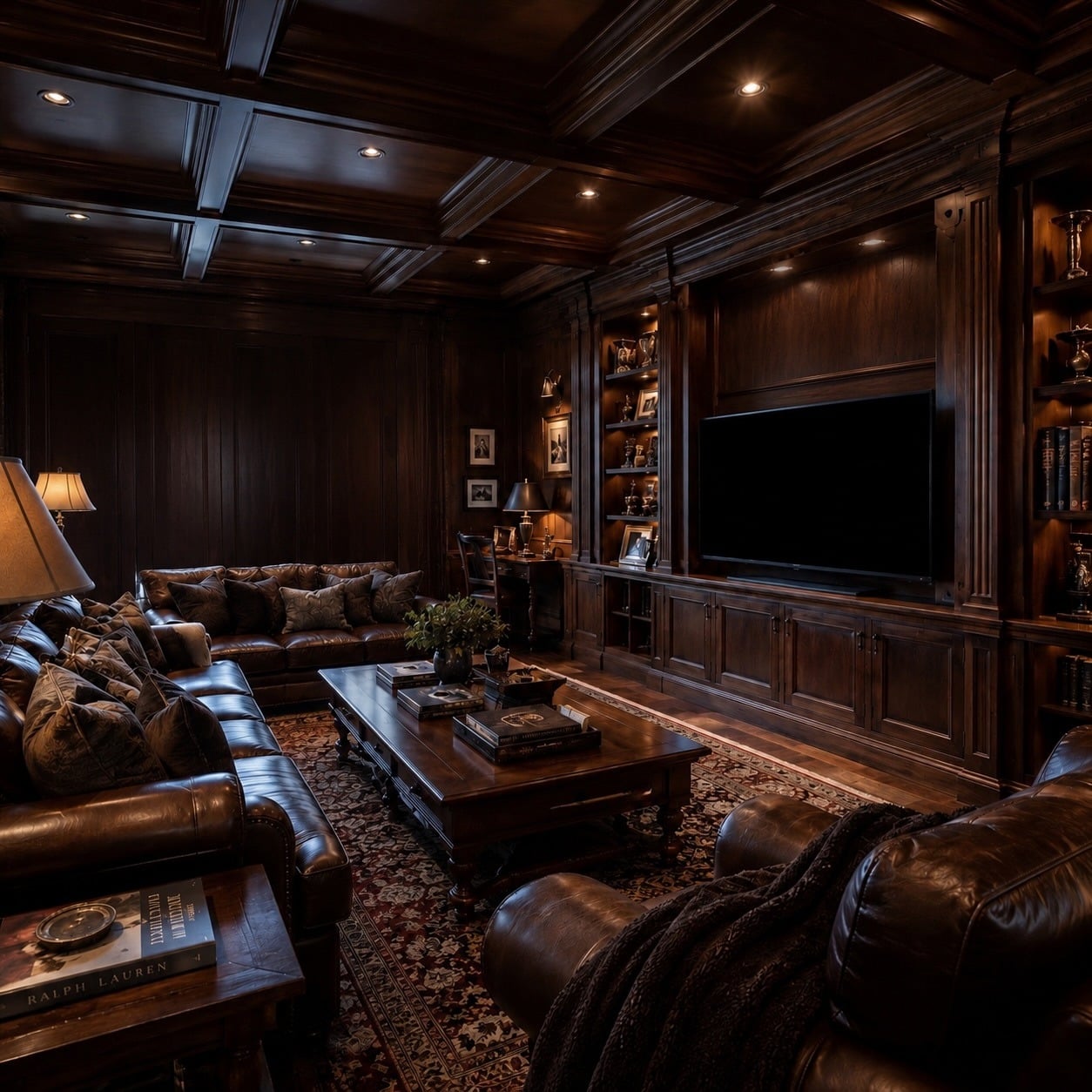 18. Traditional Dark Living Room Ideas with Rich Brown Wood - dark living room ideas