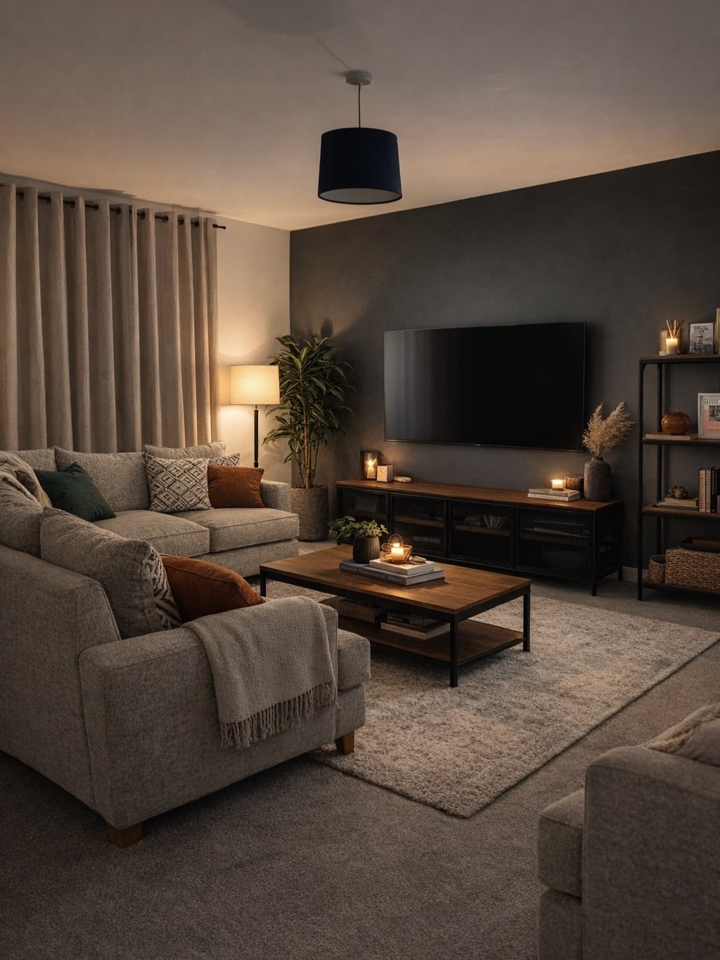 21. Cozy Dark Living Room Ideas with Charcoal and Warm Wood - dark living room ideas