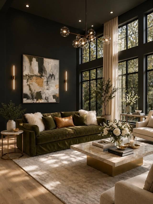 22. Luxury Dark Living Room Ideas with Black and Olive Green - dark living room ideas