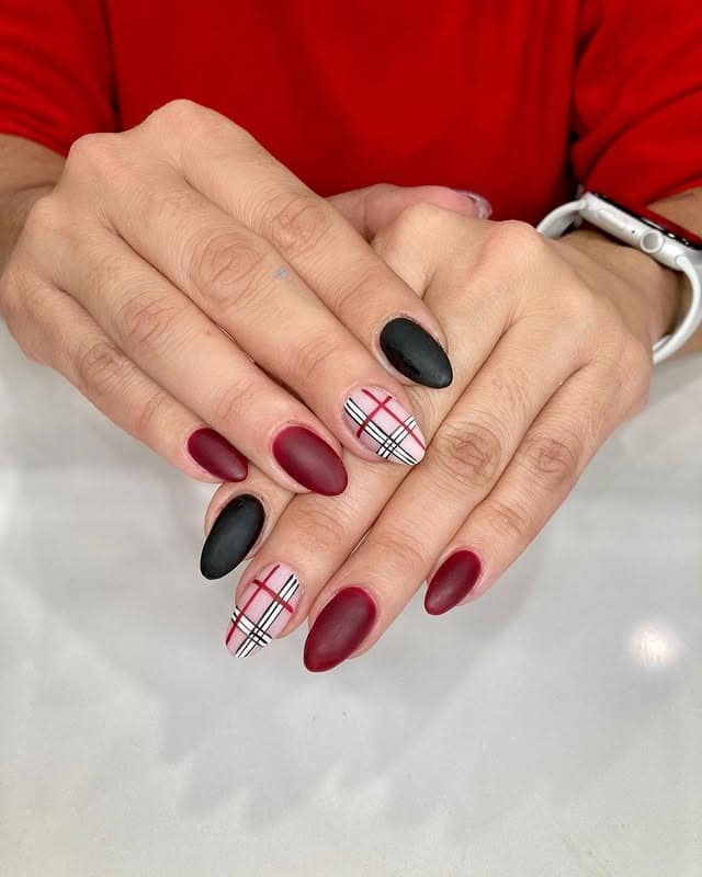 1. Matte Burgundy and Black Plaid Line Nails - line nail ideas