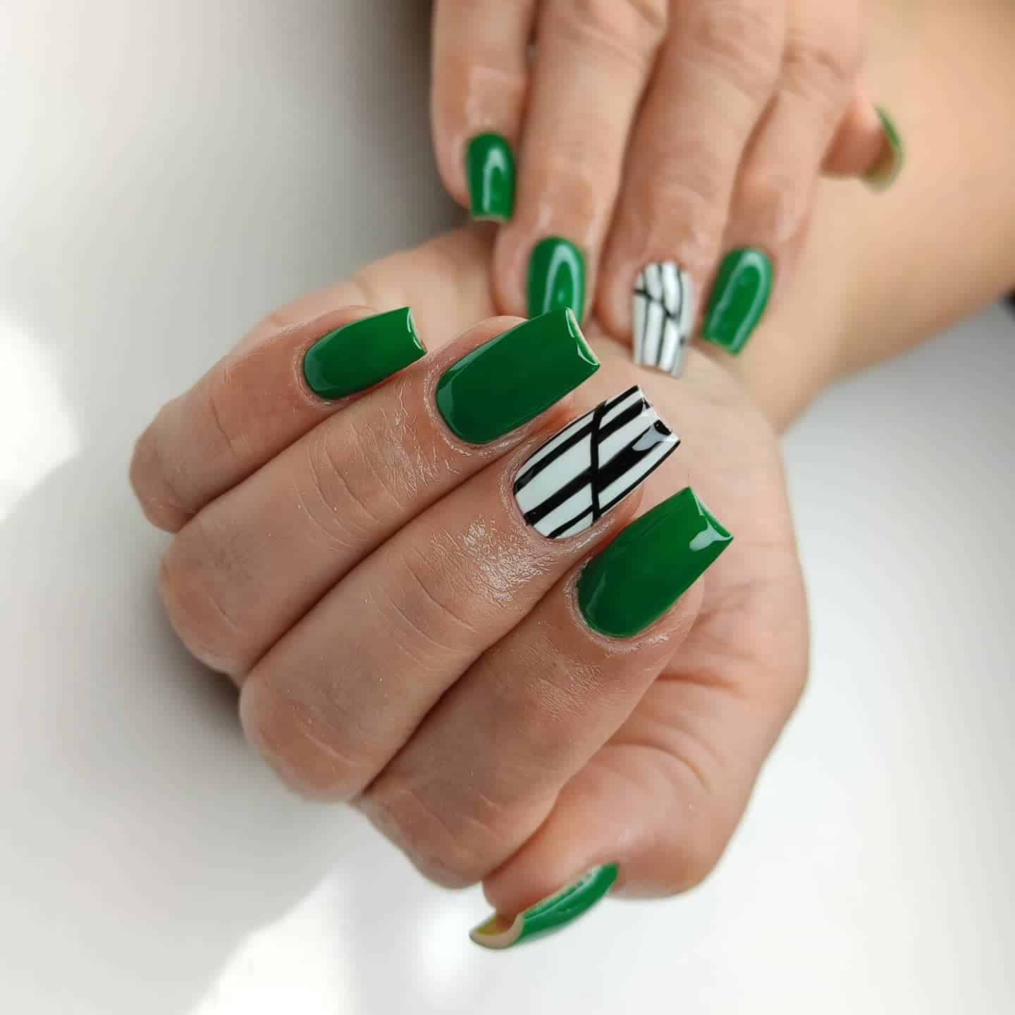 3. Emerald Green Graphic Line Square Nails - line nail ideas