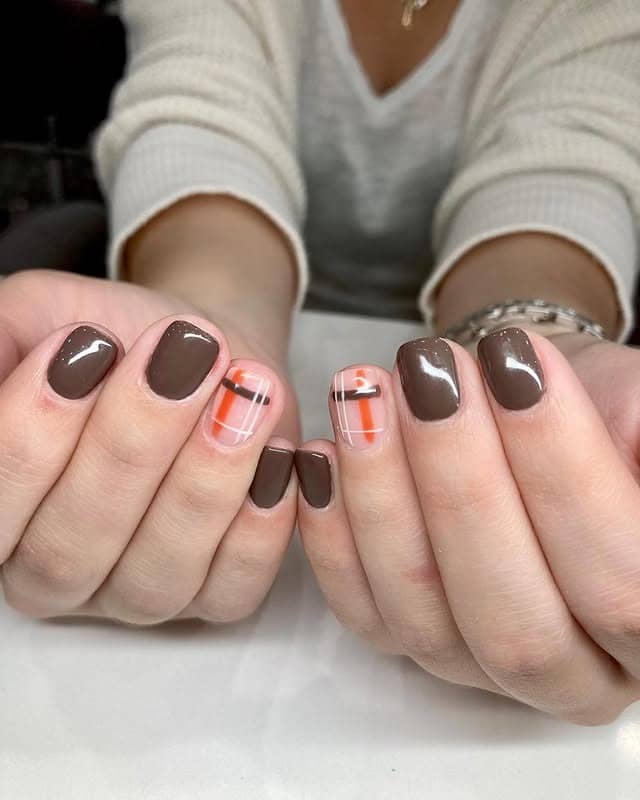 6. Mocha Plaid Accent Line Nails - line nail ideas