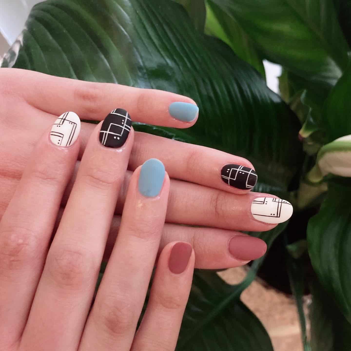 7. Abstract Grid Color Block Line Nails - line nail ideas