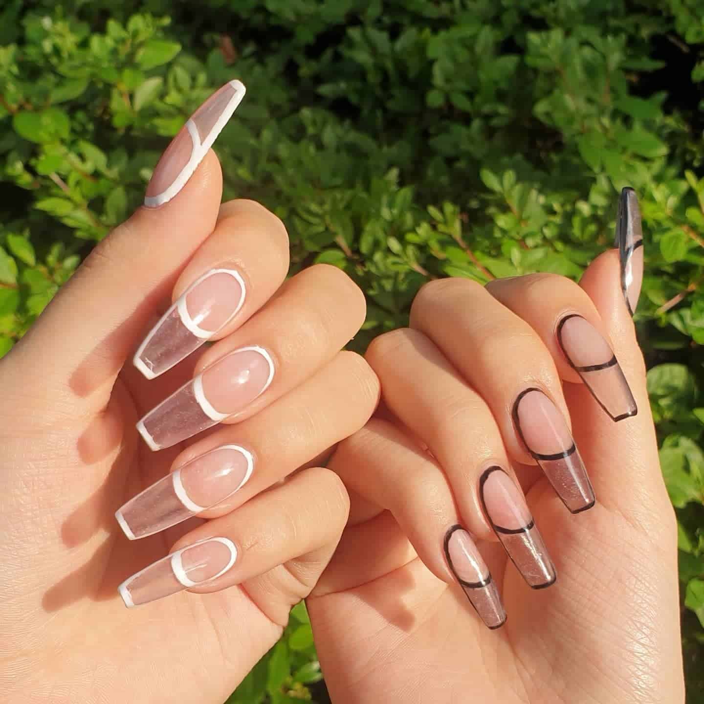 8. Clear French Outline Line Coffin Nails - line nail ideas