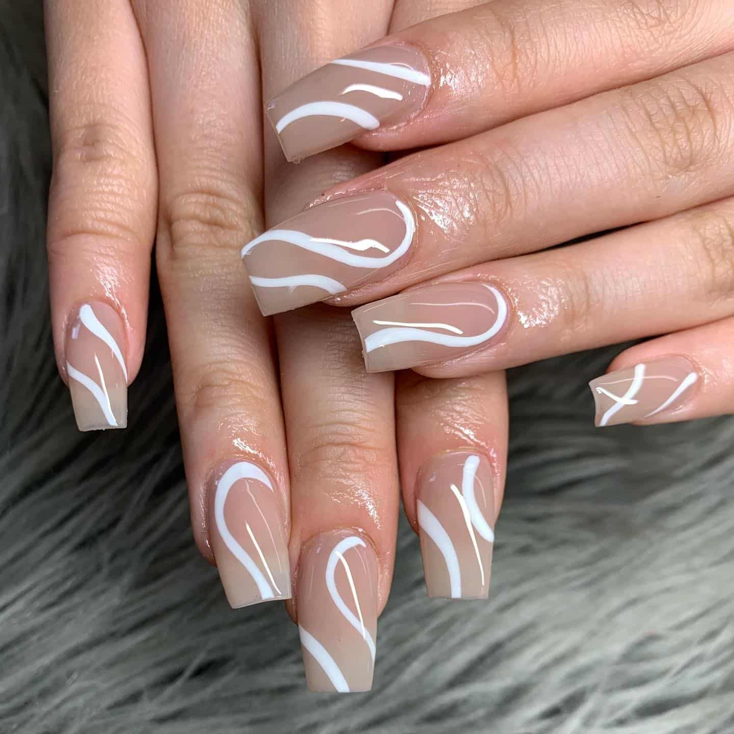10. Nude White Wave Line Square Nails - line nail ideas