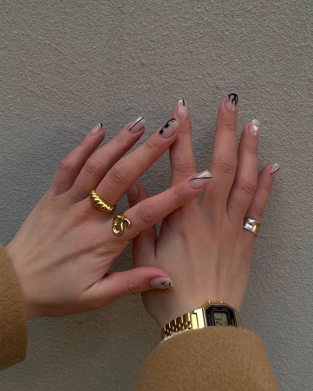11. Minimal Abstract Black Line Almond Nails - line nail ideas