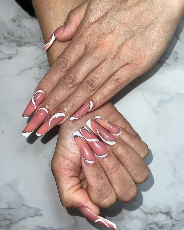 14. Blush Pink Silver Wave Line Coffin Nails - line nail ideas