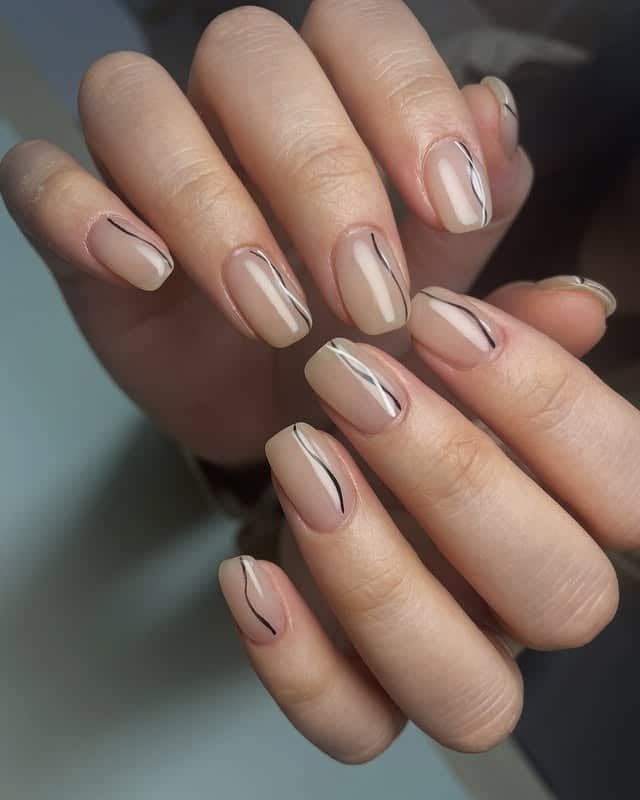 15. Nude Fine Line Short Square Nails - line nail ideas