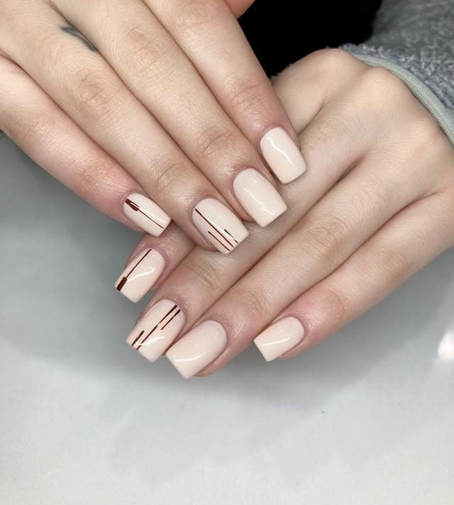 17. Glossy Nude Minimal Line Square Nails - line nail ideas