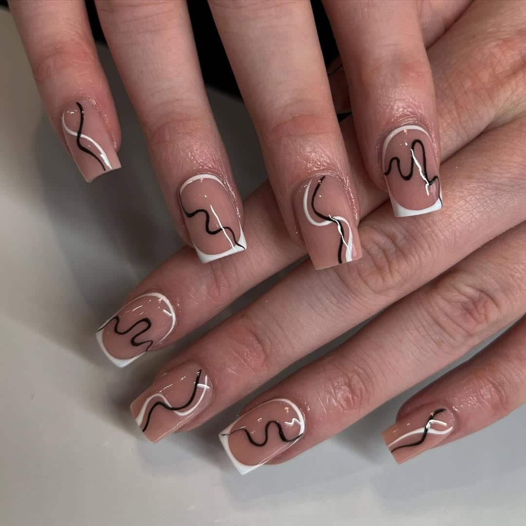 18. Black and White Swirl French Line Nails - line nail ideas