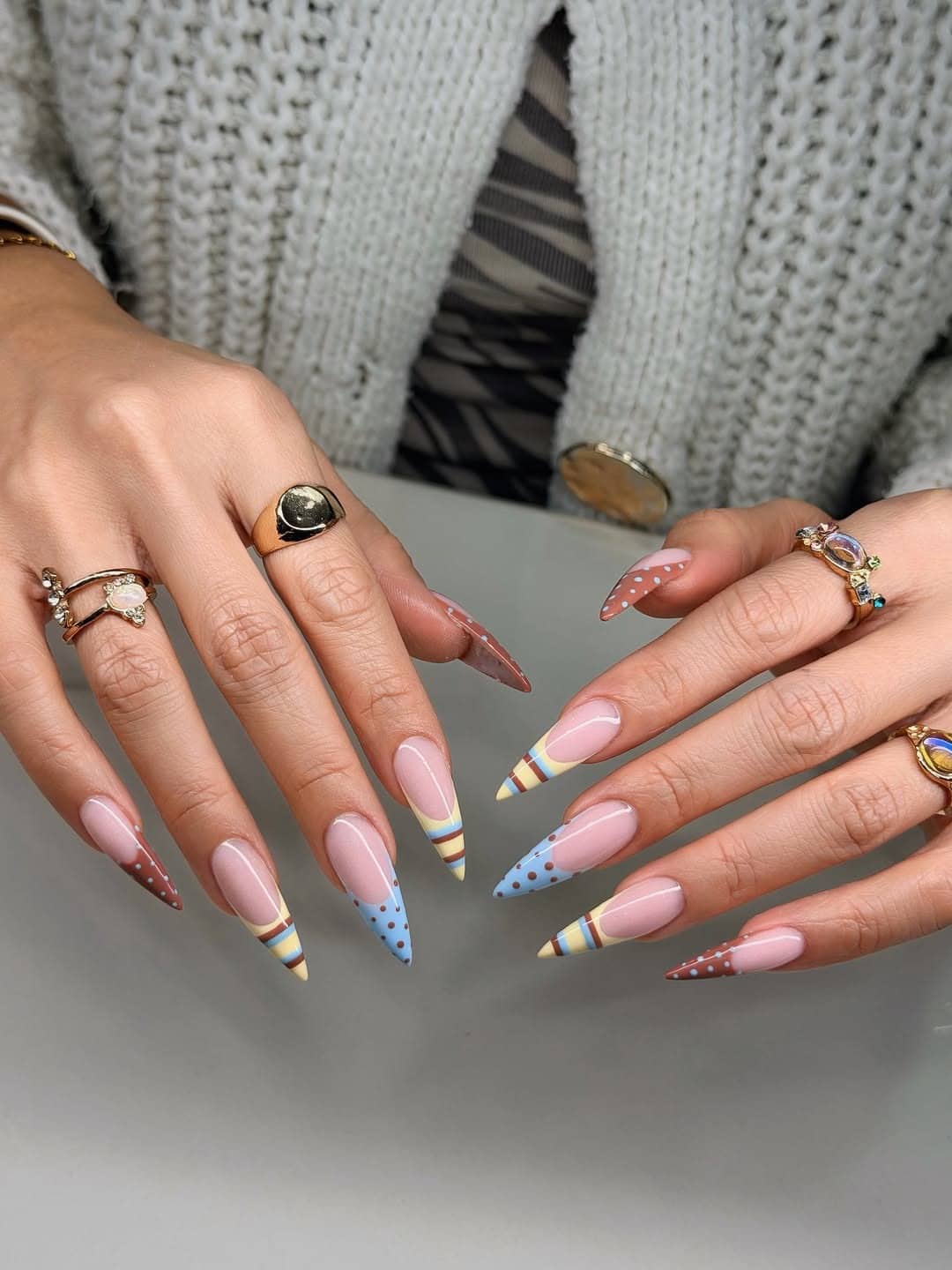 22. Retro Polka Dot French Line Stiletto Nails - line nail ideas