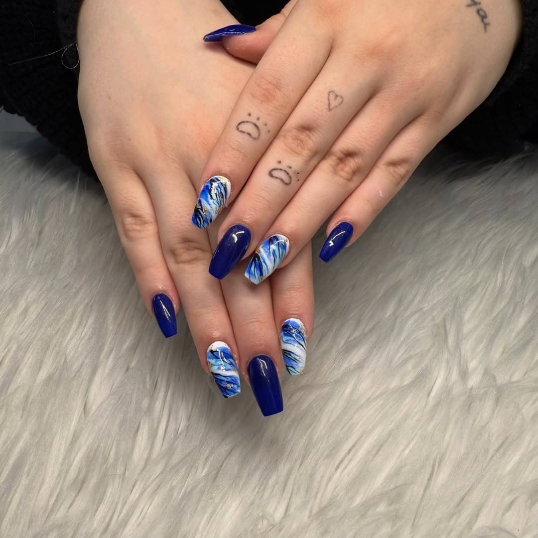 1. Cobalt Blue Coffin Marble Nails - marble nail ideas