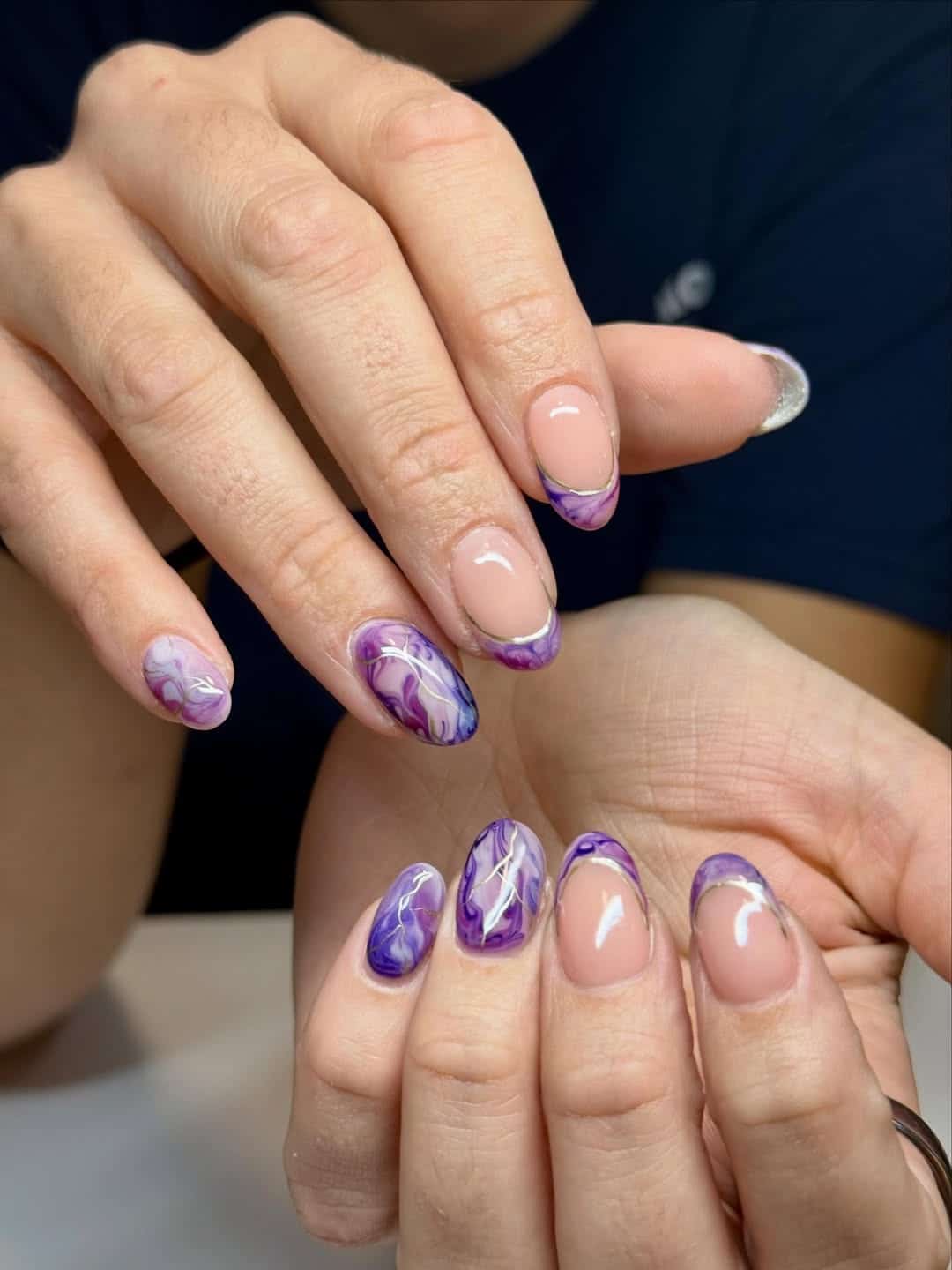 4. Purple French Marble Almond Nails - marble nail ideas