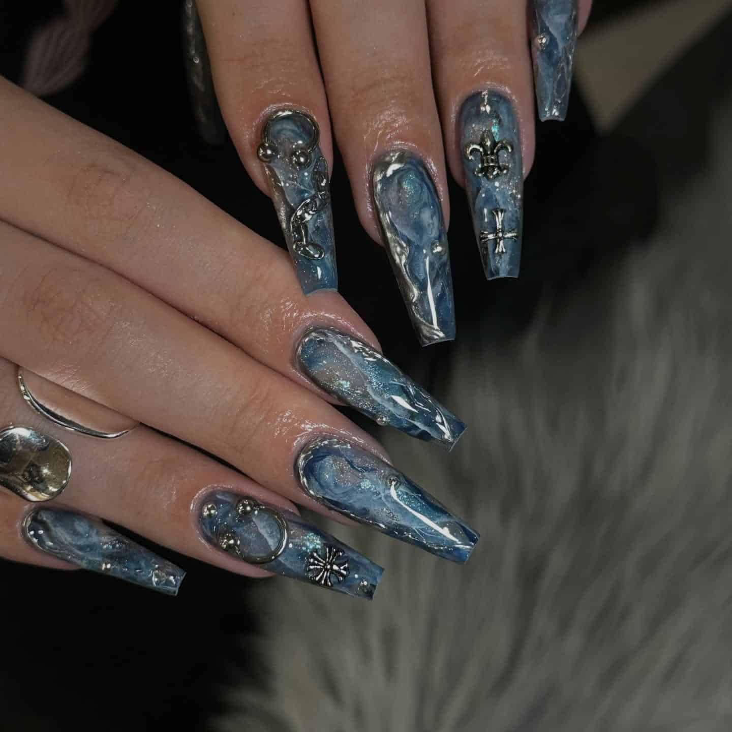 7. Blue Galaxy Marble Coffin Nails - marble nail ideas