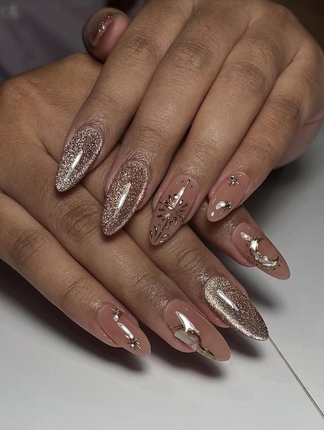 10. Rose Gold Glitter Marble Almond Nails - marble nail ideas