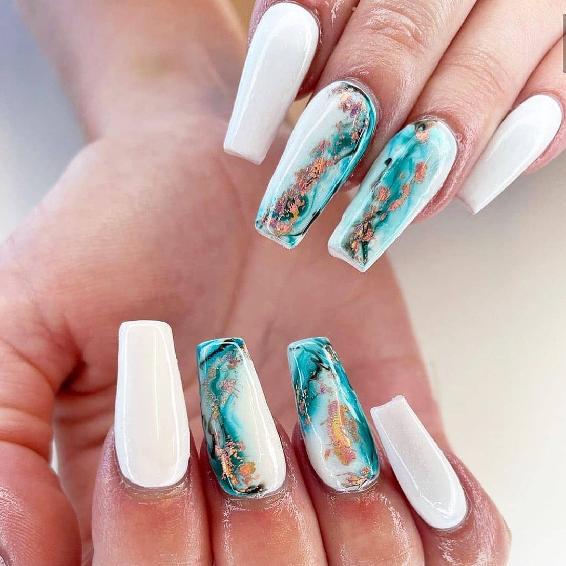 11. White Coffin Marble Nails with Teal Foil - marble nail ideas